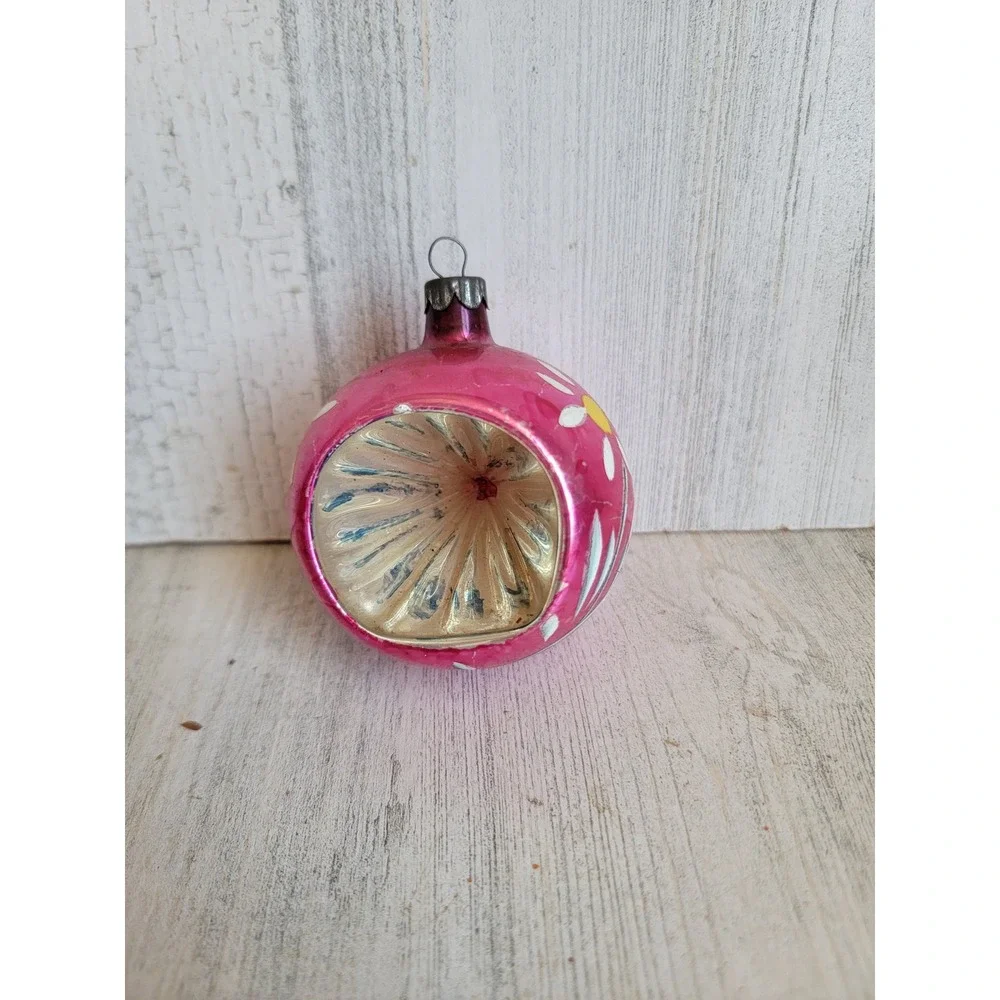 Vintage reflective indent pink daisy flower glass ball ornament Xmas unique